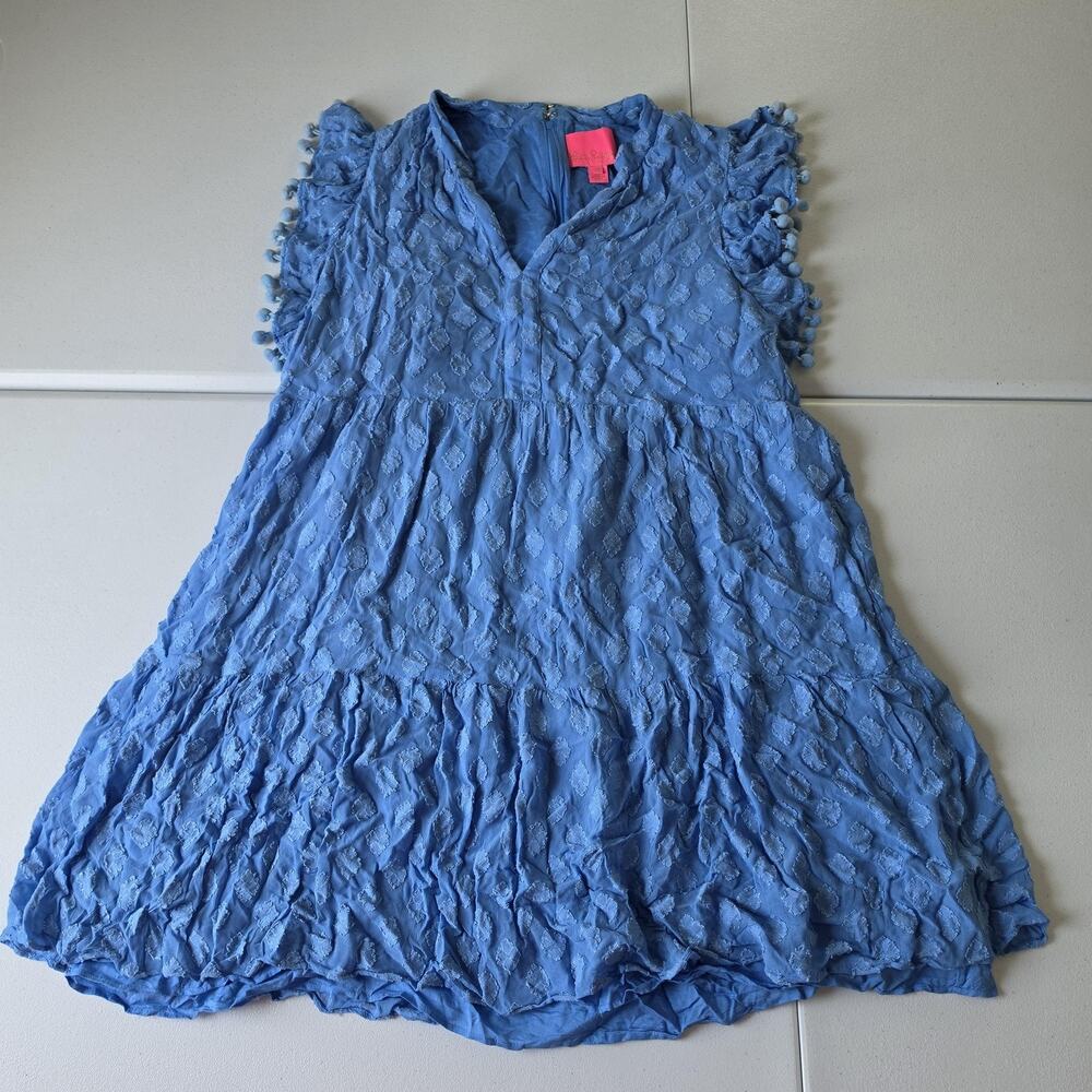 Lilly Pulitzer Dress Womens 14 Blue Floral Embroidered Swing Pom Pom Sundress